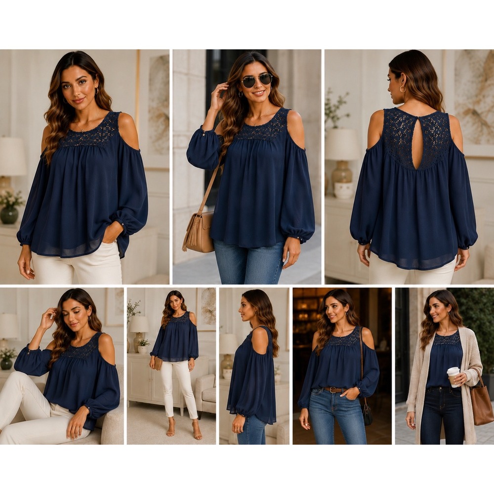 Jessica Simpson Cold Shoulder Blouse Womens Medium Navy Blue Crochet Lace Top